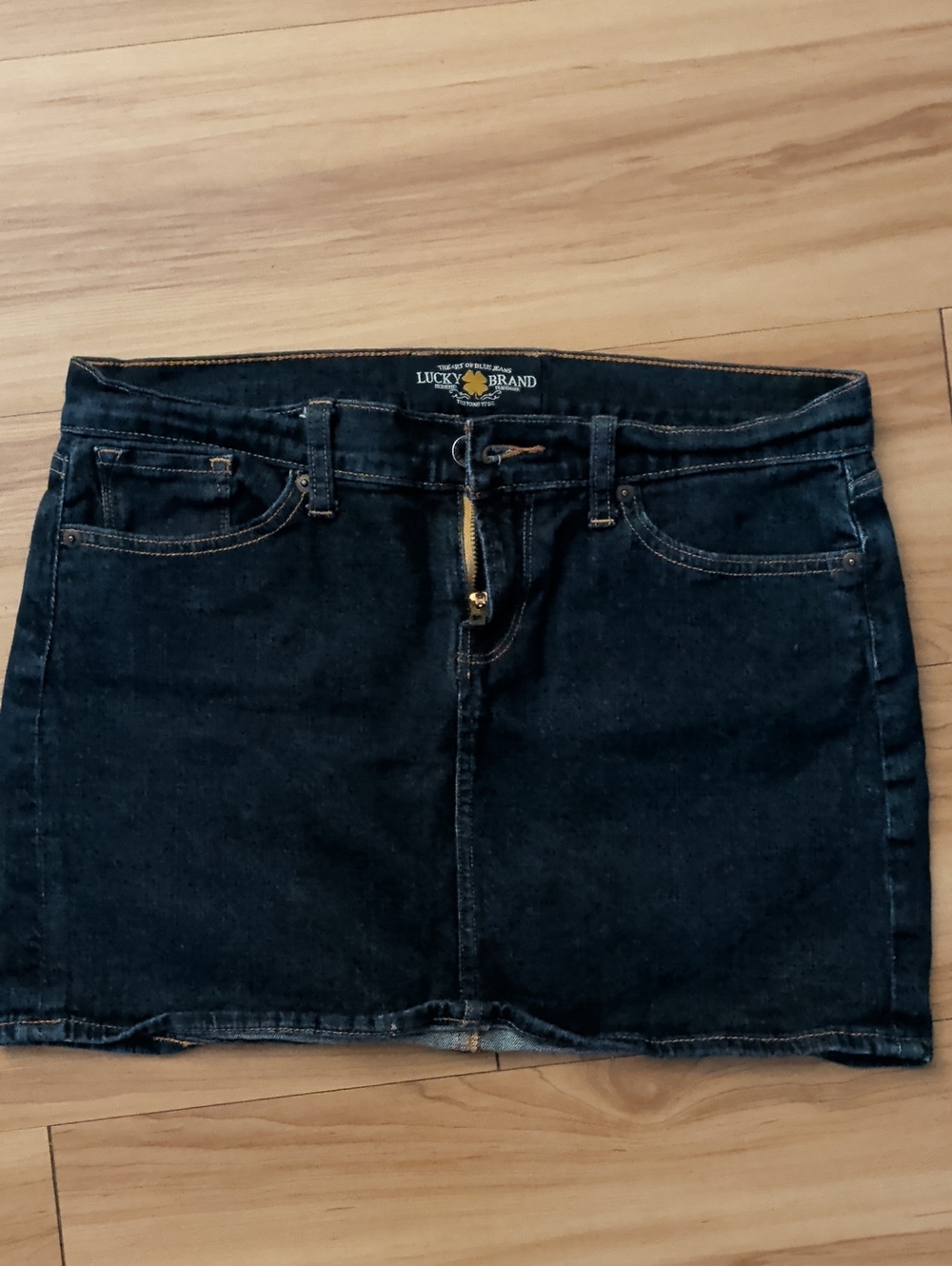 Lucky Brand Blue Denim Mini Skirt with Gold Clover Accent